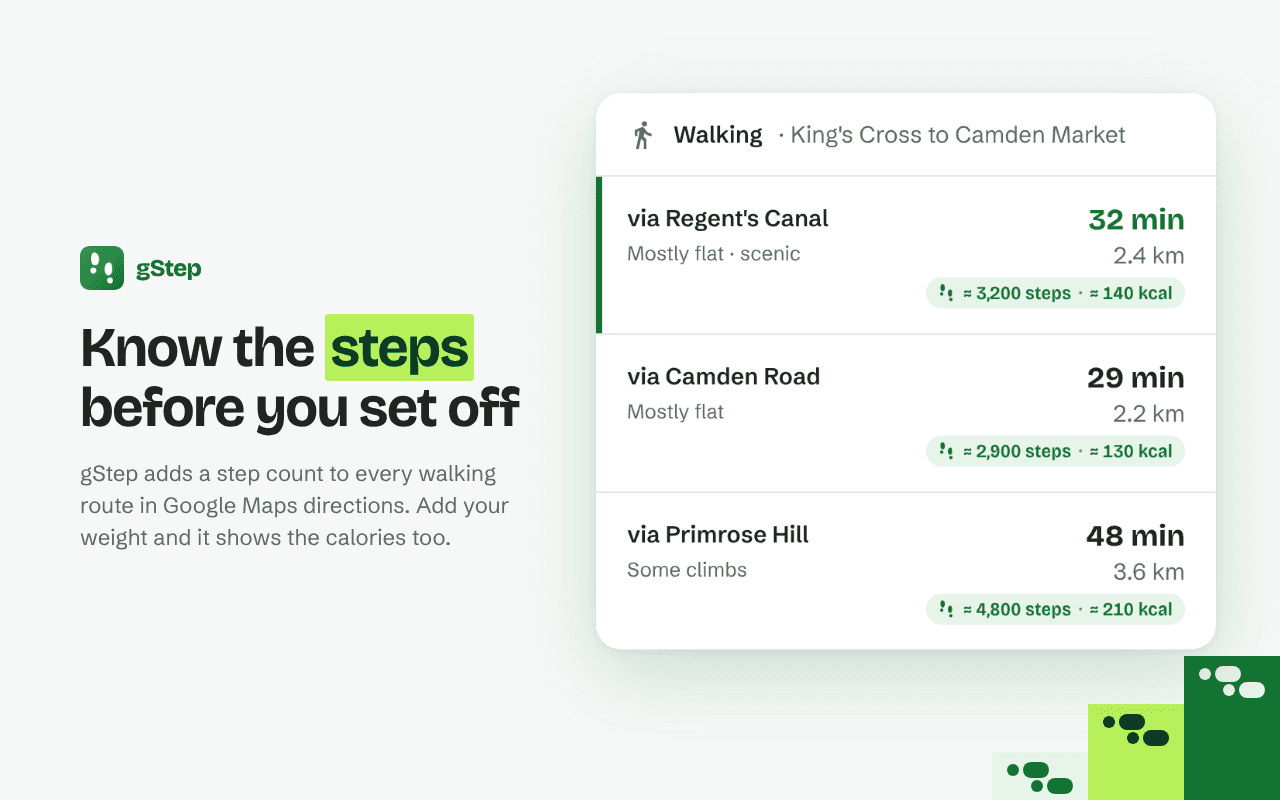 gStep labels under three walking routes from King's Cross to Camden Market. Each route gets its own step and calorie estimate, so you can compare them before you pick one.