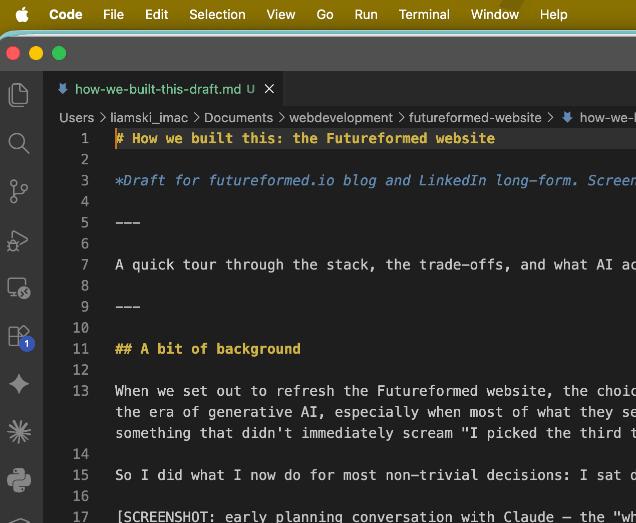 VS Code with a site file open, mid-edit