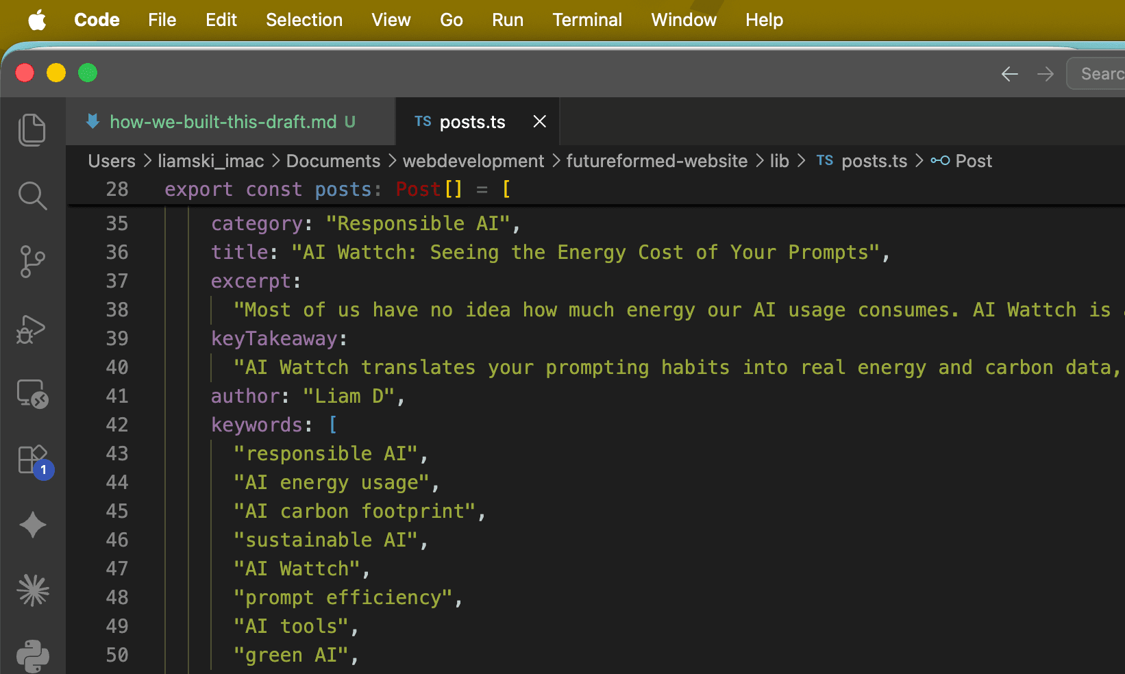 VS Code showing the posts.ts file with a recent post entry expanded
