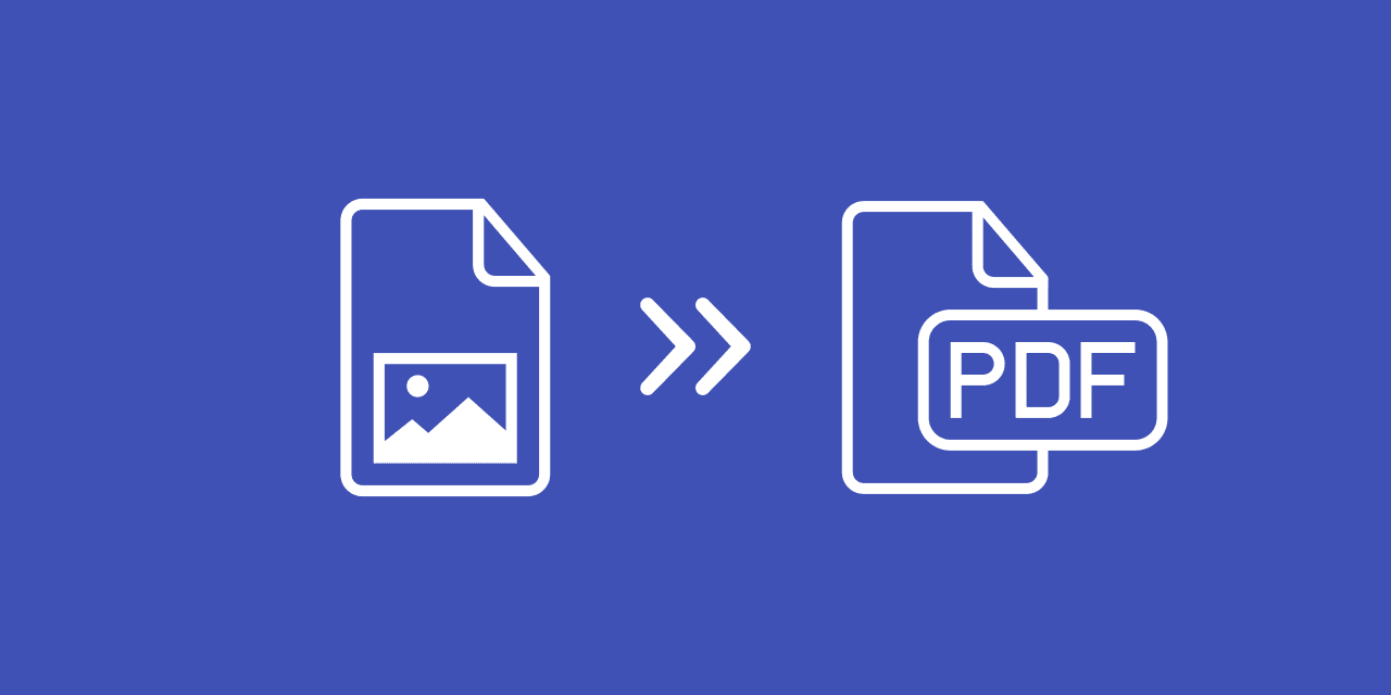 An image file icon, two arrows, then a PDF file icon, in white on a blue background.