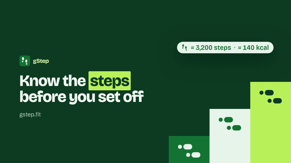 gStep banner on a dark green background: the headline Know the steps before you set off, a label reading about 3,200 steps and 140 kcal, and a staircase of footprints.