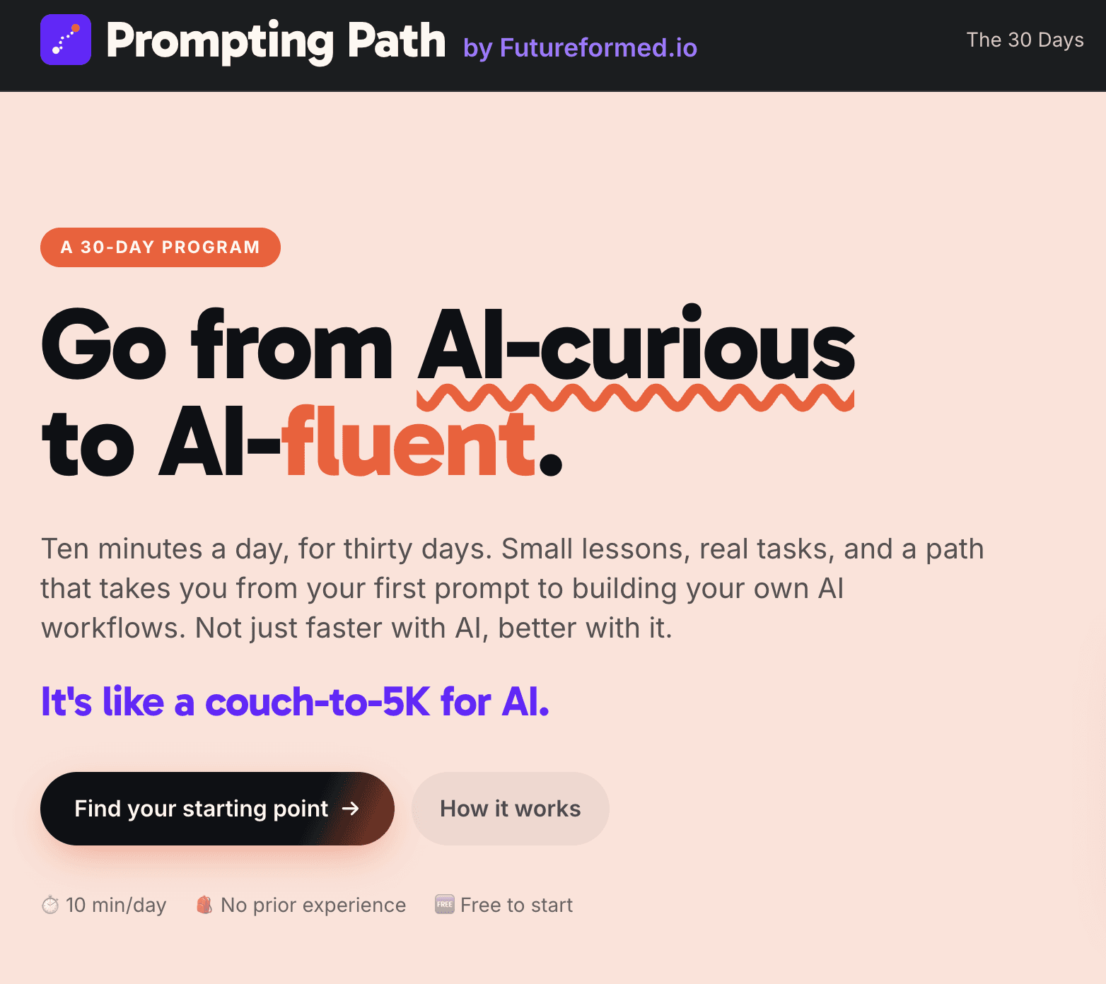 The Prompting Path homepage: go from AI-curious to AI-fluent, ten minutes a day for thirty days.