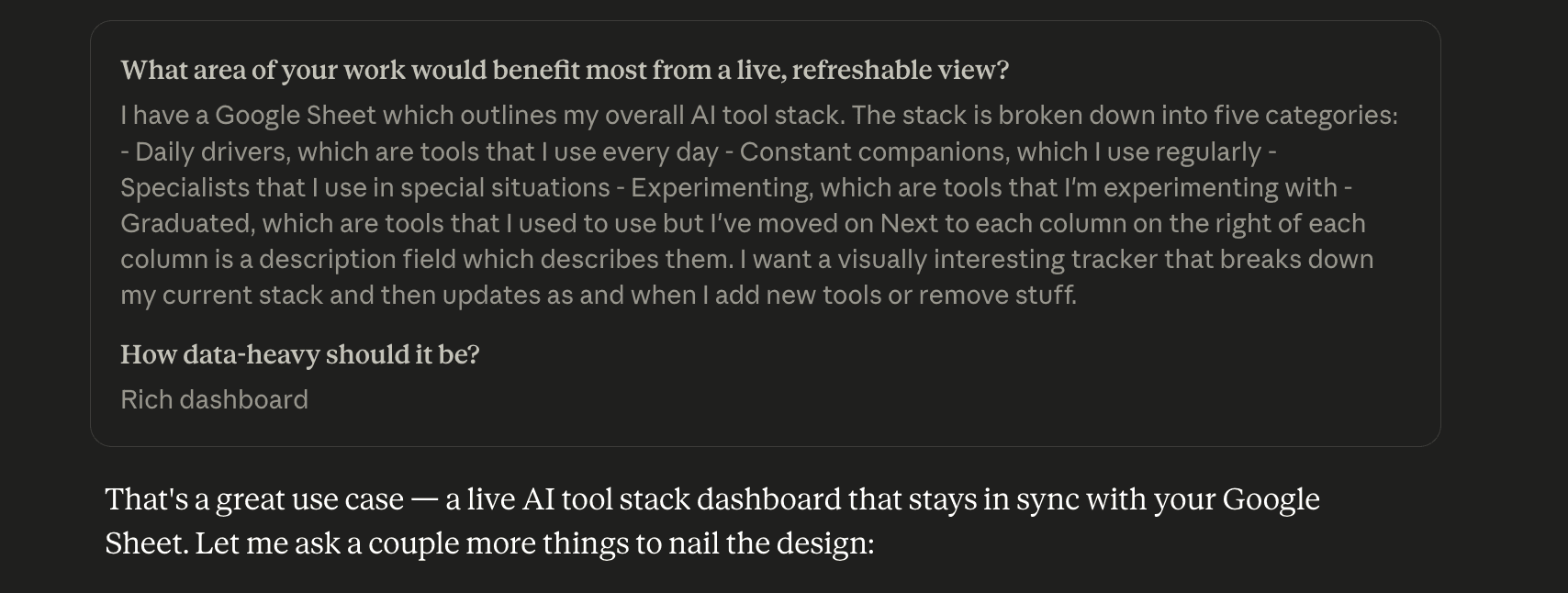 The prompt in Claude Cowork asking it to build the dashboard