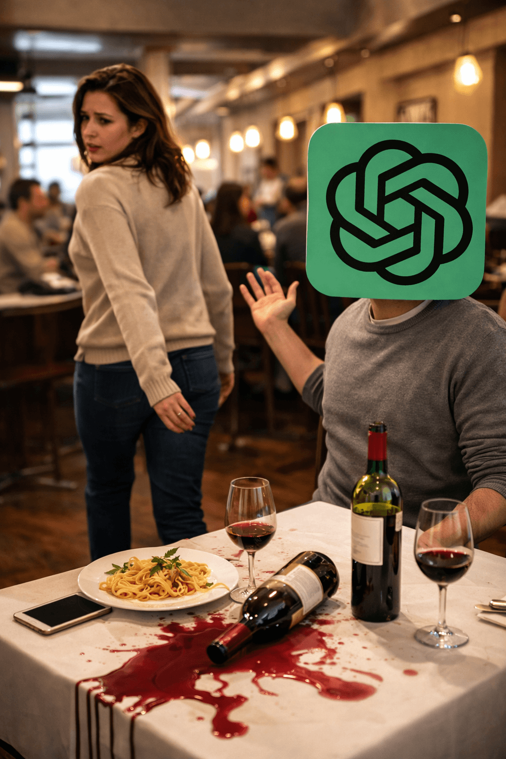 A dramatic restaurant breakup scene with a ChatGPT logo, illustrating switching AI tools