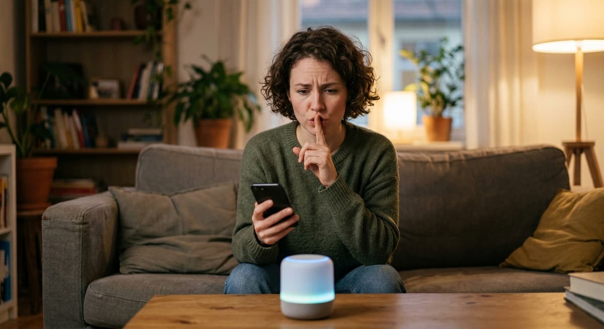 A woman on a sofa holding a phone and putting a finger to her lips, telling a smart speaker to be quiet