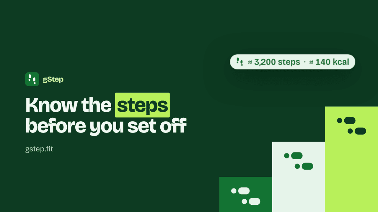 gStep banner on a dark green background: the headline Know the steps before you set off, a label reading about 3,200 steps and 140 kcal, and a staircase of footprints.