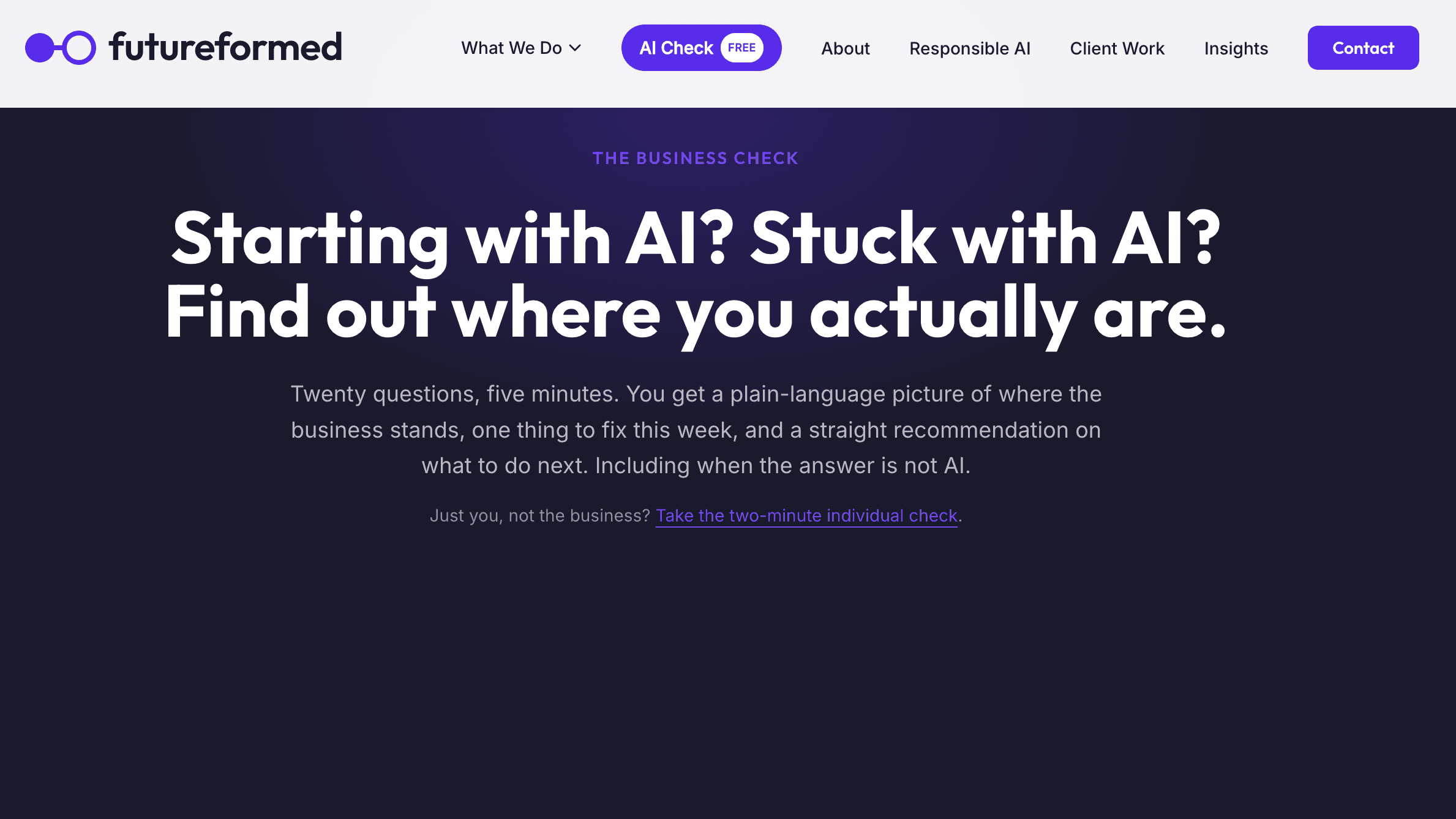 The AI Check page on futureformed.io with the headline: Starting with AI? Stuck with AI? Find out where you actually are.